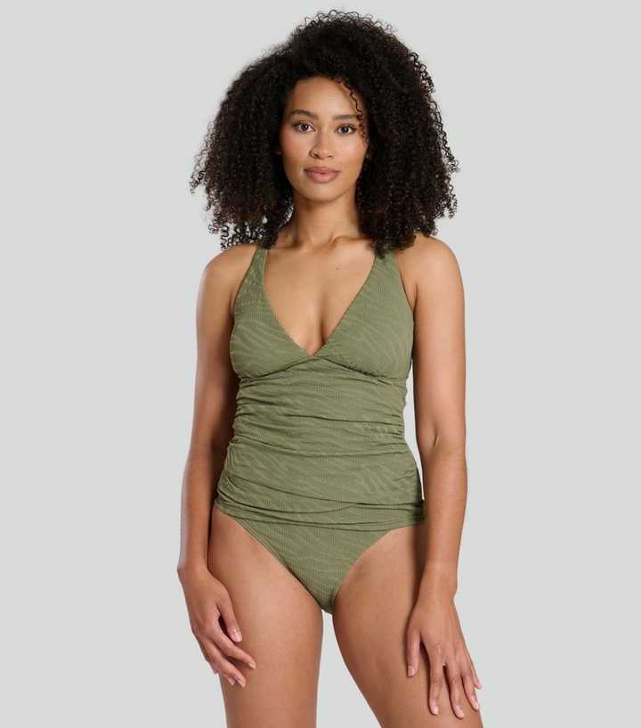 South Beach Olive Green Zebra Crinkle Tankini Top