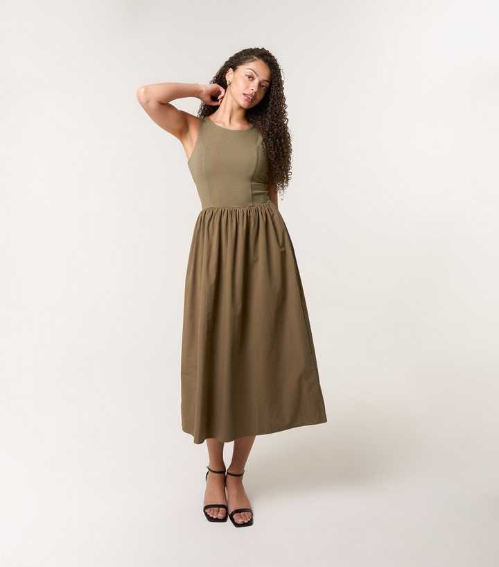 Blue Vanilla Khaki Jersey and Poplin Midi Dress