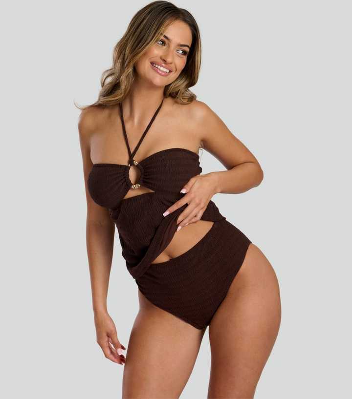 South Beach Dark Brown Textured Ring Detail Tankini Top
