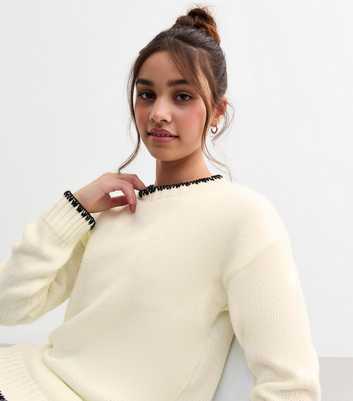 Girls White Blanket Stitch Jumper