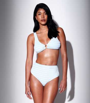 South Beach Blue Striped Crinkled Ring Detail Bikini Top