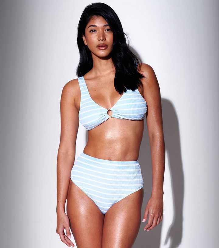 South Beach Blue Striped Crinkled Ring Detail Bikini Top