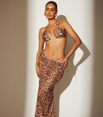 South Beach Brown Leopard Print Mesh Maxi Skirt