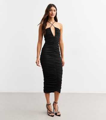 Black V-Neck Ruched Midi Dress