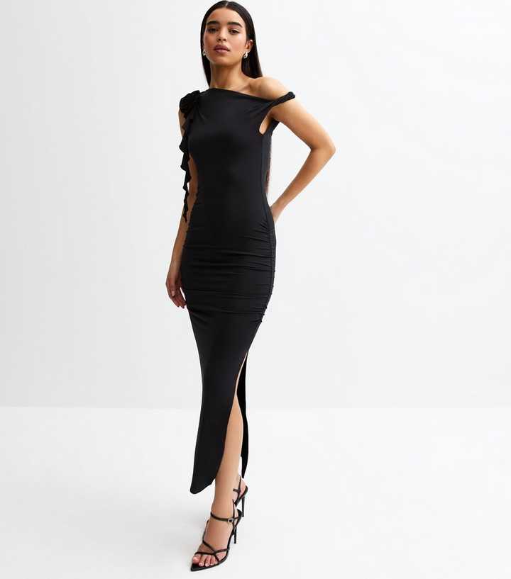 Black Jersey Off The Shoulder Corsage Applique Midi Dress