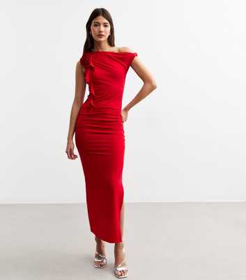 Red Jersey Off The Shoulder Midi Dress