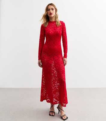 Red Crew Neck Lace Midi Dress