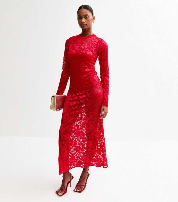 Red Crew Neck Lace Midi Dress