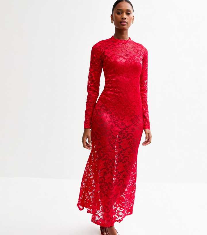 new look red dress lace AX Paris Dark Red Lace Fishtail Maxi Dress