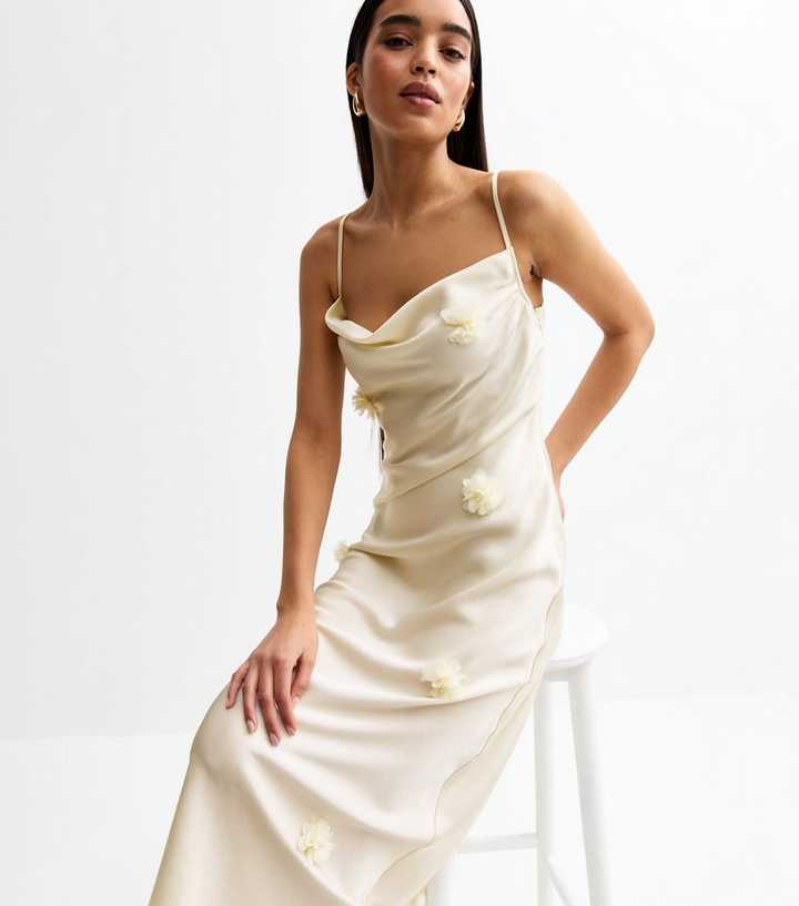Cream Corsage Applique Satin Midi Dress