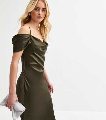 Tall Khaki Bardot Satin Midi Dress