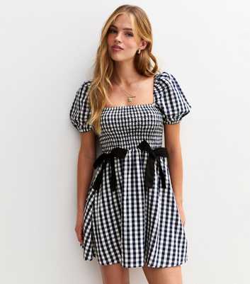 Navy Gingham Check Bow Applique Mini Dress