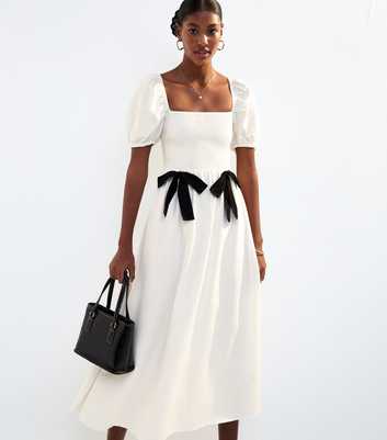 White Shirred Bow Trim Midi Dress