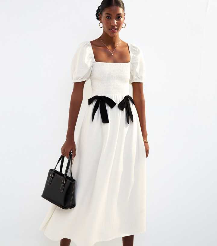 White Shirred Bow Trim Midi Dress