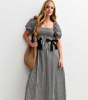 Black Gingham Check Bow Applique Midi Dress