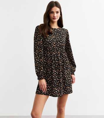 Brown Leopard Print Textured Jersey Mini Dress