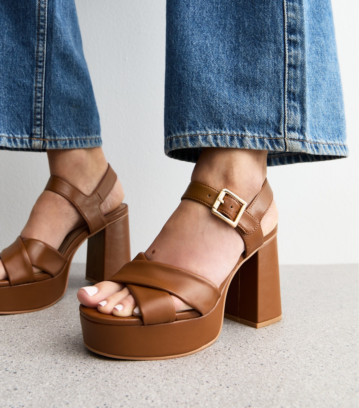 Women's Brown Faux Leather Platform Sole Block Heel Sandals Vegan New Look
