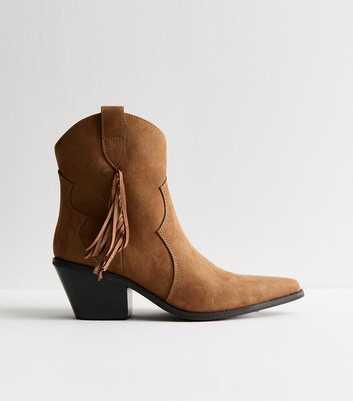 Tan Faux Suede Fringed Ankle Boots