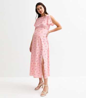 Maternity Pink Floral Print Flutter Sleeve Midi Dress