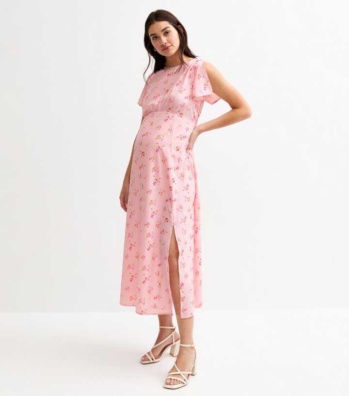 Maternity Pink Floral Print Flutter Sleeve Midi Dress