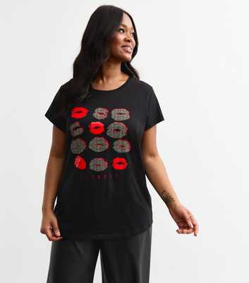 Curves Black Leopard Lips Print T-Shirt