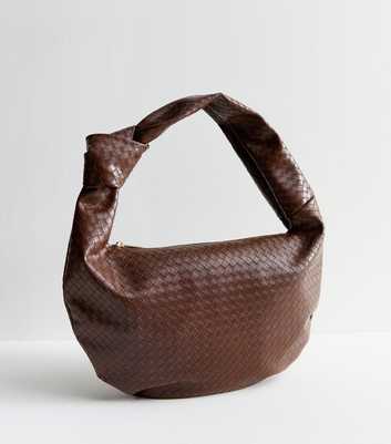 Dark Brown Faux Leather Woven Look Knotted Shoulder Bag