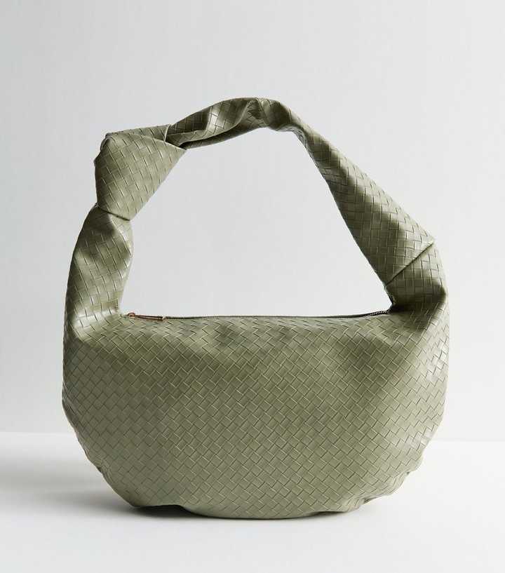 Light Green Faux Leather Woven Look Knotted Shoulder Bag