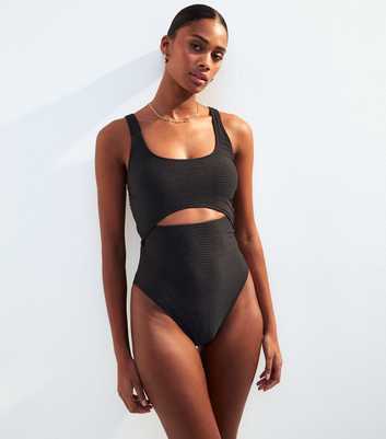 Black Wave Textured Cut Out Swimsuit