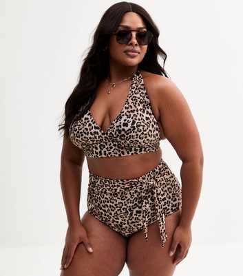 Curves Brown Leopard Print Halterneck Bikini Top