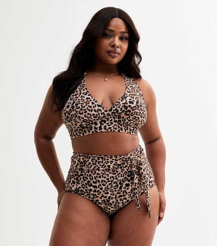 Curves Brown Leopard Print High Waisted Tie Bikini Bottoms