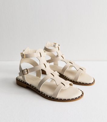 Off White Faux Leather Studded Trim Gladiator Strap Sandals | New Look
