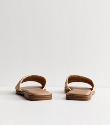 Wide Fit Off White Embellished Raffia Strap Faux Leather
