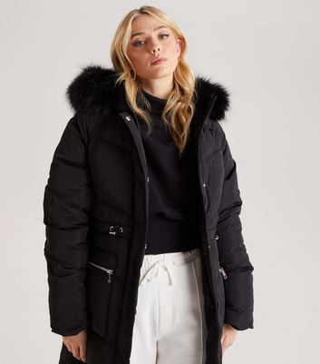 Black padded puffer jacket with faux fur collar on sale