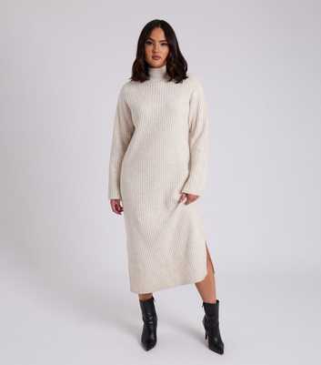 Urban Bliss Cream Ribbed High Neck Midi Dress