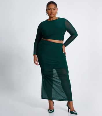 QUIZ Curves Green Crop Mesh Long Sleeve Top 