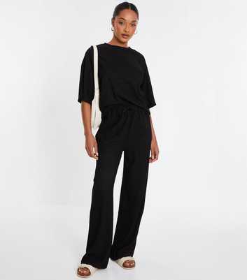 QUIZ Black Textured Wide Leg Trousers