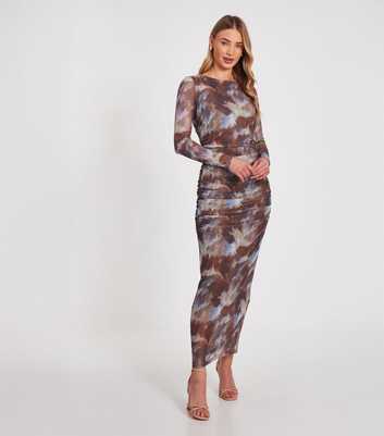 QUIZ Brown Print Mesh Midi Dress