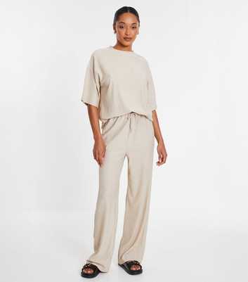 QUIZ Cream Textured Wide Leg Trousers