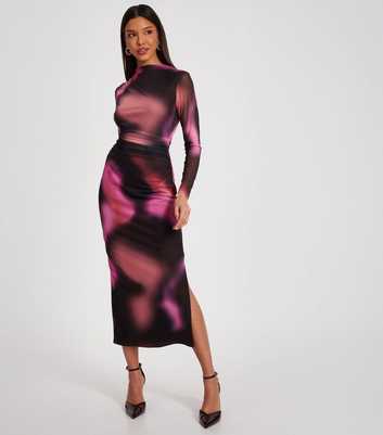 QUIZ Pink Mesh Long Sleeve Midi Dress