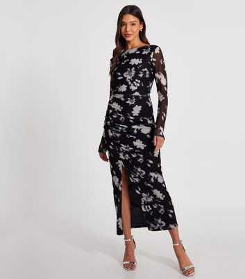 QUIZ Black Floral Print Mesh Midi Dress