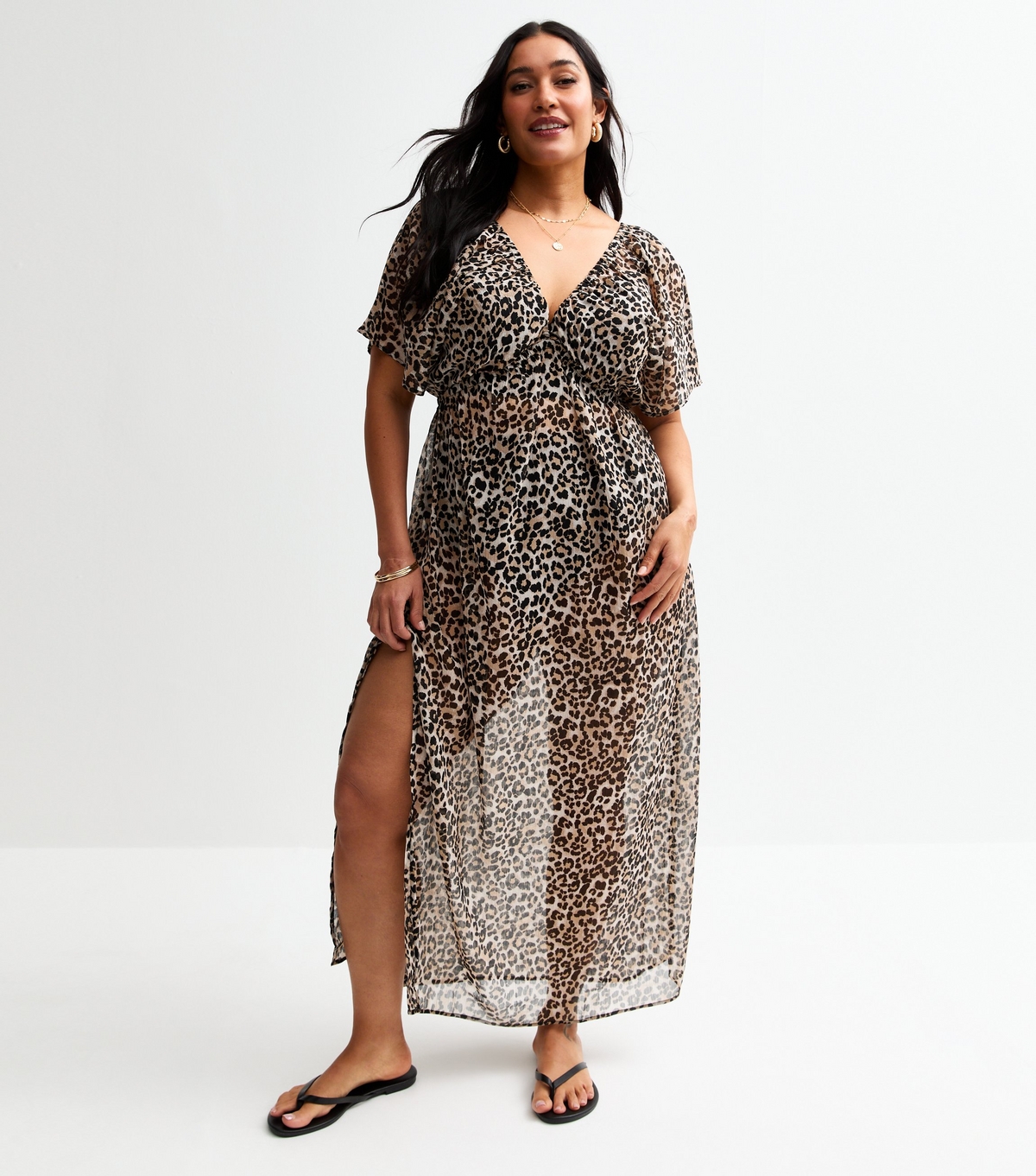 Women's Plus Size Brown Leopard Print Maxi Dress Cover Up Curves New Look