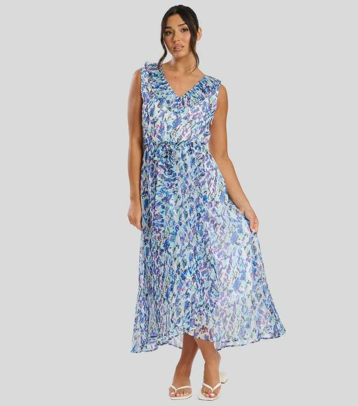 South Beach Blue Printed Frilly Trim Midi Dress