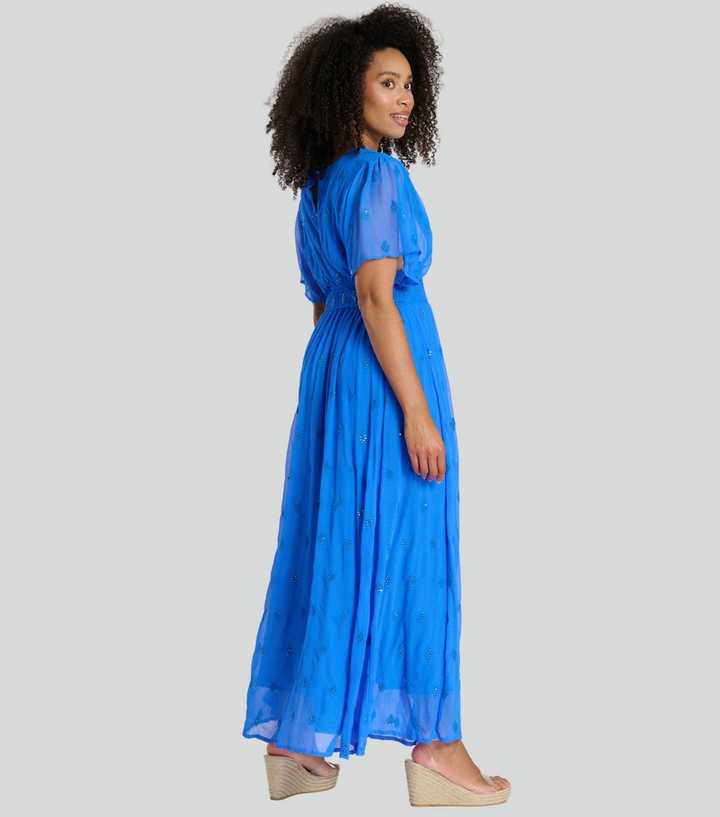 South Beach Bright Blue Sequin Embroidered Midi Dress New Look