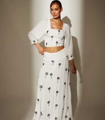 South Beach White Crinkle Texture Palm Embroidered Maxi Skirt