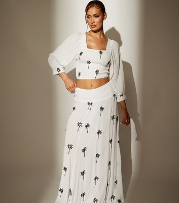 South Beach White Crinkle Texture Palm Embroidered Maxi Skirt
