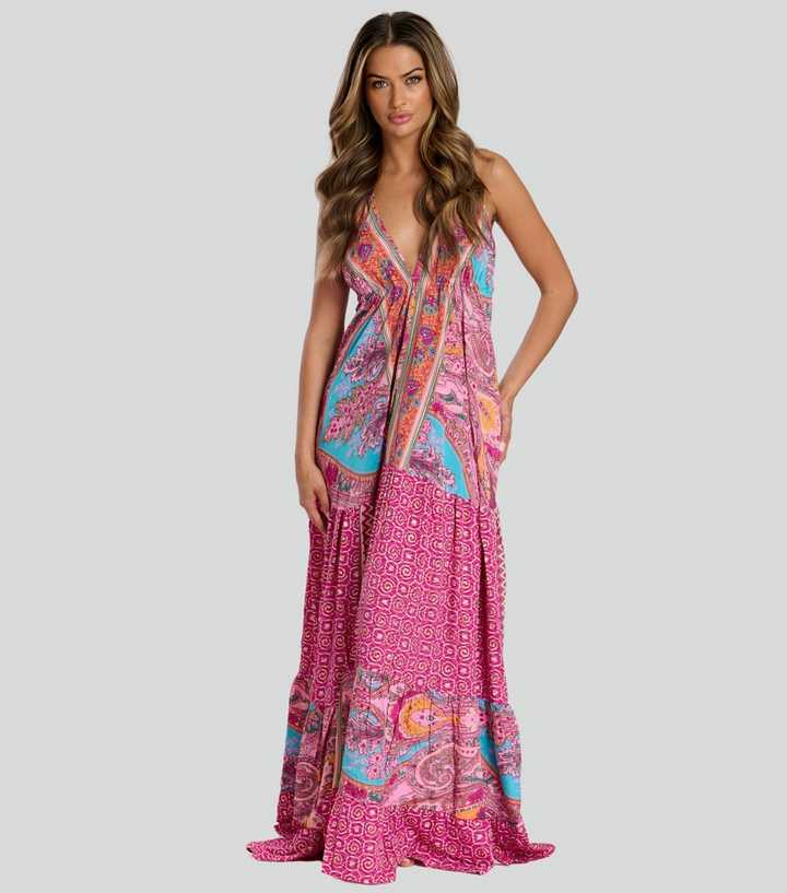 South Beach Pink Scarf Print Halterneck Maxi Dress