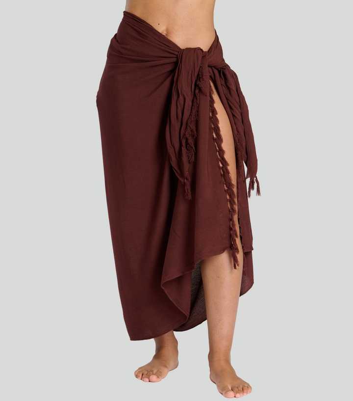 South Beach Brown Crinkled Fringed Sarong