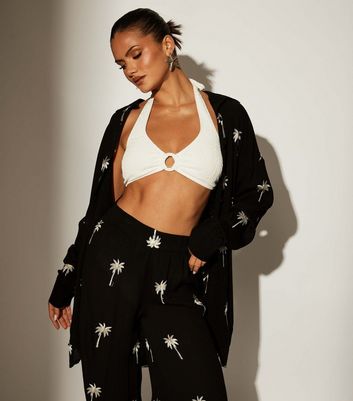 South Beach Black Palm Tree Embroidery Long Sleeve Shirt New Look