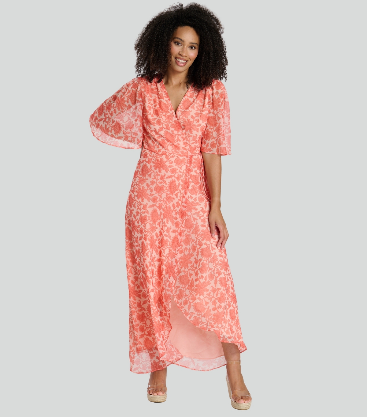 South Beach Women's Coral Printed Short Sleeve Wrap Midi Dress In | Size: 10 - Image 3