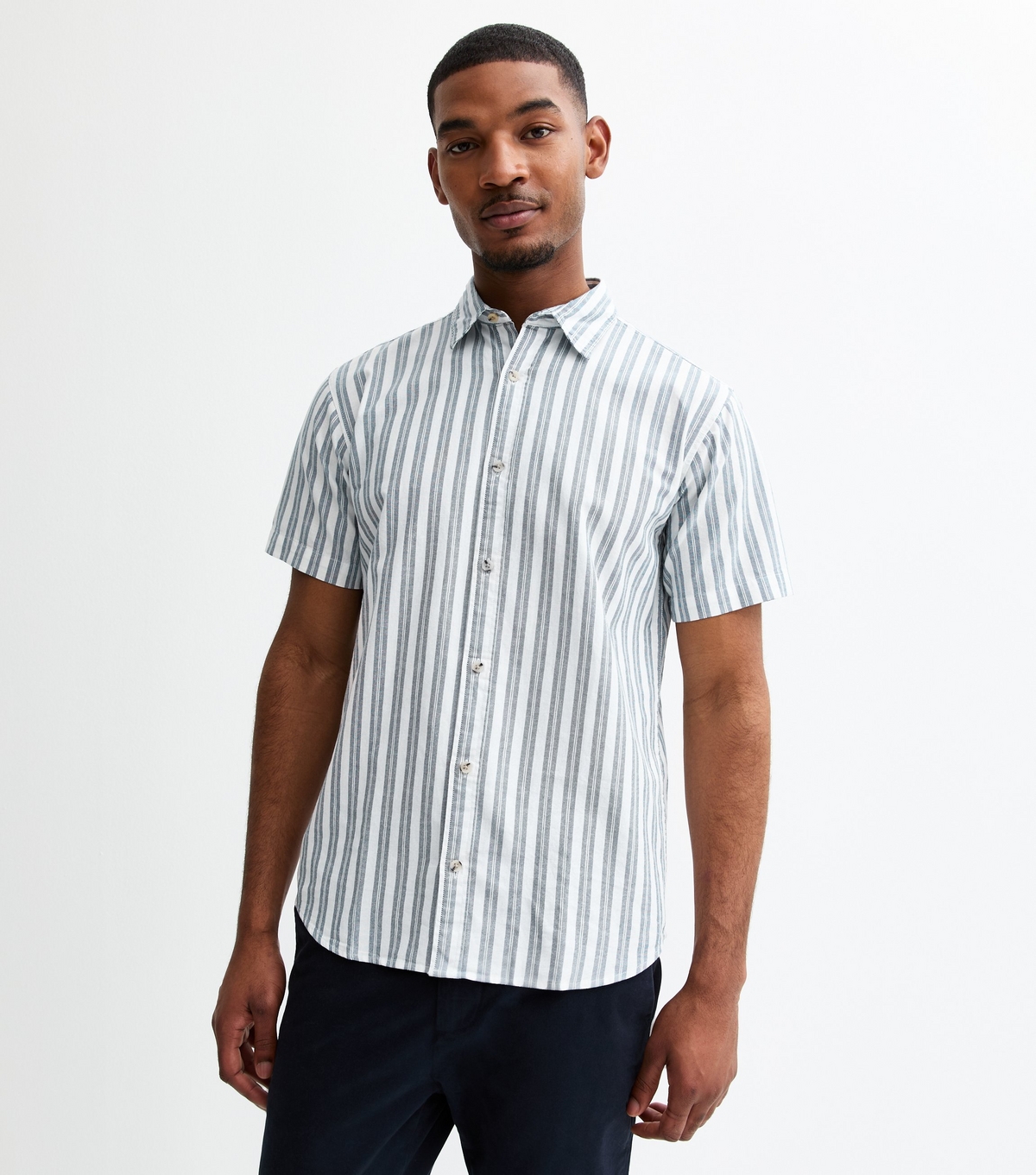 Men's Navy Oxford Stripe Short Sleeve Shirt Jack & Jones New Look
